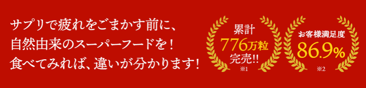 サプリで疲れをごまかす前に、自然由来のスーパーフードを！食べてみれば、違いが分かります！ 累計660万粒完売!! お客様満足度86.9%