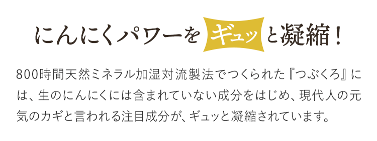 にんにくパワーをギュッと凝縮！ 800時間天然ミネラル加湿対流製法でつくられた『つぶくろ』には、生のにんにくには含まれていない成分をはじめ、現代人の元気のカギと言われる注目成分が、ギュッと凝縮されています。